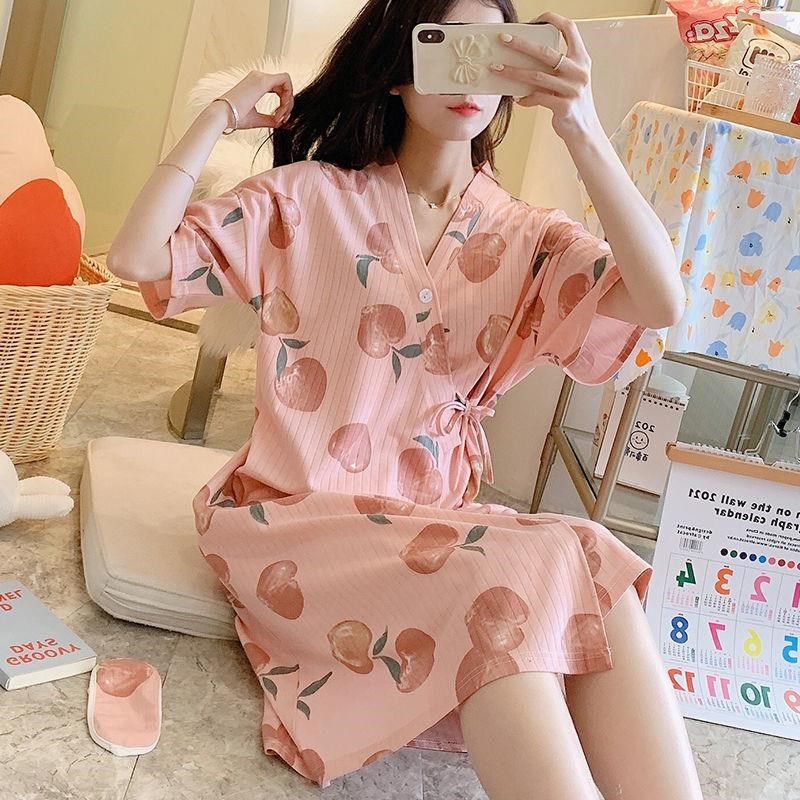 和服睡袍女夏季新款短袖睡裙家居日式系带女中长款性感浴袍女