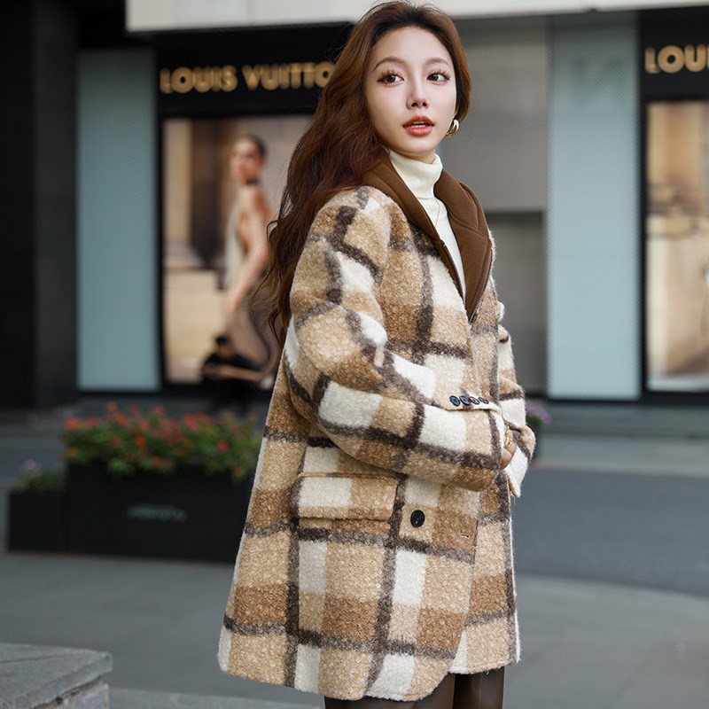 XD 2023秋冬新款羊毛呢子大衣连帽马海毛小个子高级感毛呢外套女