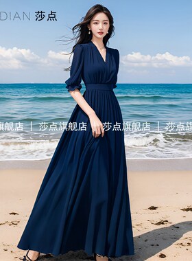 2025新款藏蓝色V领雪纺连衣裙女夏长裙薄纱长款海边度假沙滩裙