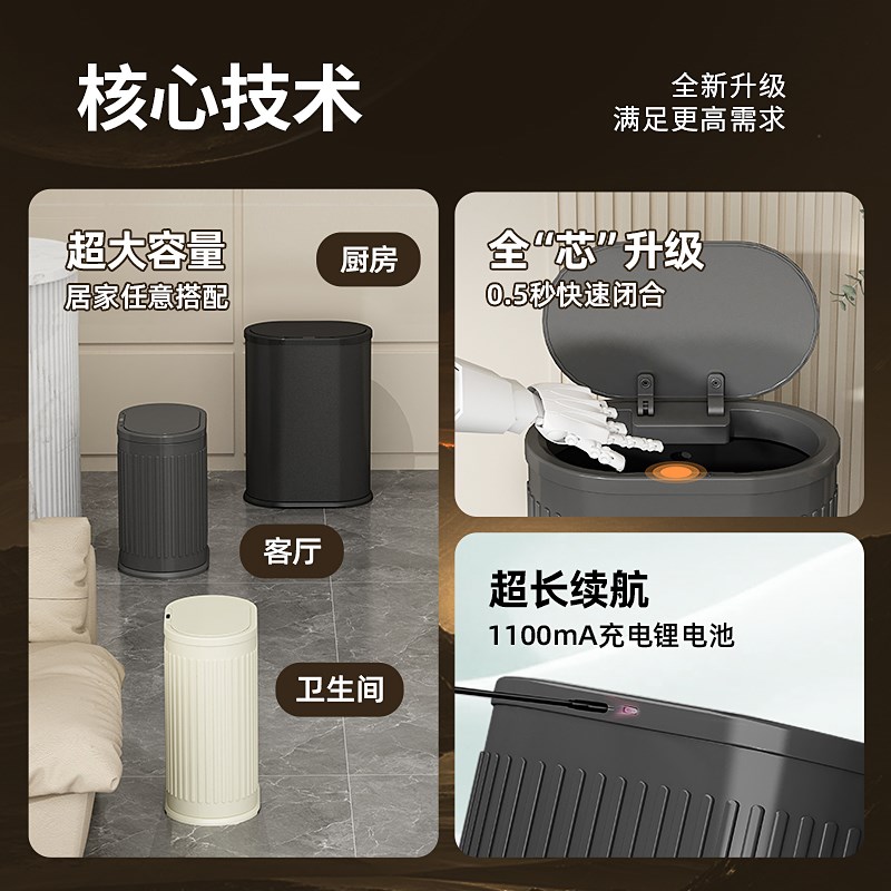 卫生间智能垃圾桶2024新款不锈钢带盖感应式家用客厅轻奢厕所自动