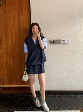 NAZ那子大码夏季丝光棉假两件条纹拼接上衣胖mm时尚短裙气质套装