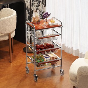 304不锈钢零食小推车置物架客厅落地多层移动收纳架子中古风茶几