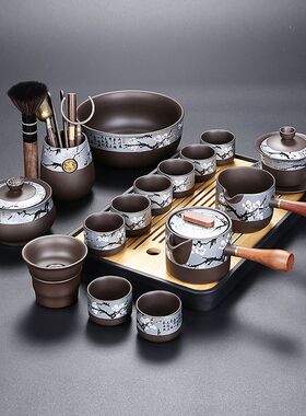 紫砂寒梅功夫茶具套装家用客厅防烫侧把泡茶壶茶杯茶盘一套2024新