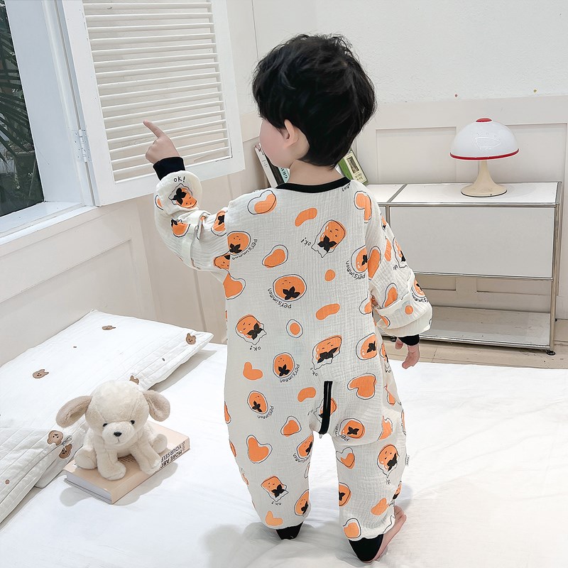 男童家居服连体睡衣2025新款春秋休闲卡通水果款袖子可拆卸睡袋服