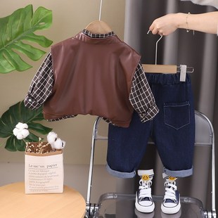 皮衣马甲三件套婴儿小童衬衣男孩潮 宝宝春装 男童春秋套装 2024新款