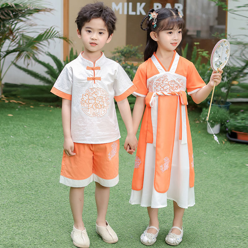 幼儿园汉服夏装男女童短袖唐装复古女孩套裙六一演出服中国风班服