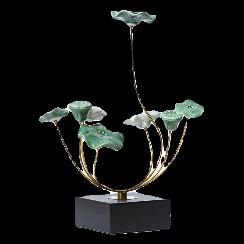 新中式荷叶莲花轻奢创意桌面摆件家居客厅玄关置物架办公室装饰品