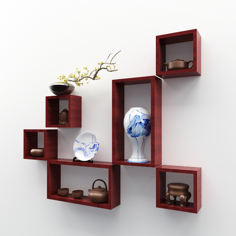 新中式墙上置物架免打孔卧室创意格子装饰壁挂客厅电视背景墙壁柜
