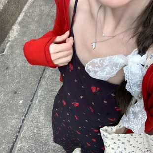 2024年夏季新款黑红法式碎花收腰穿搭吊带连衣裙+开衫两件套装女