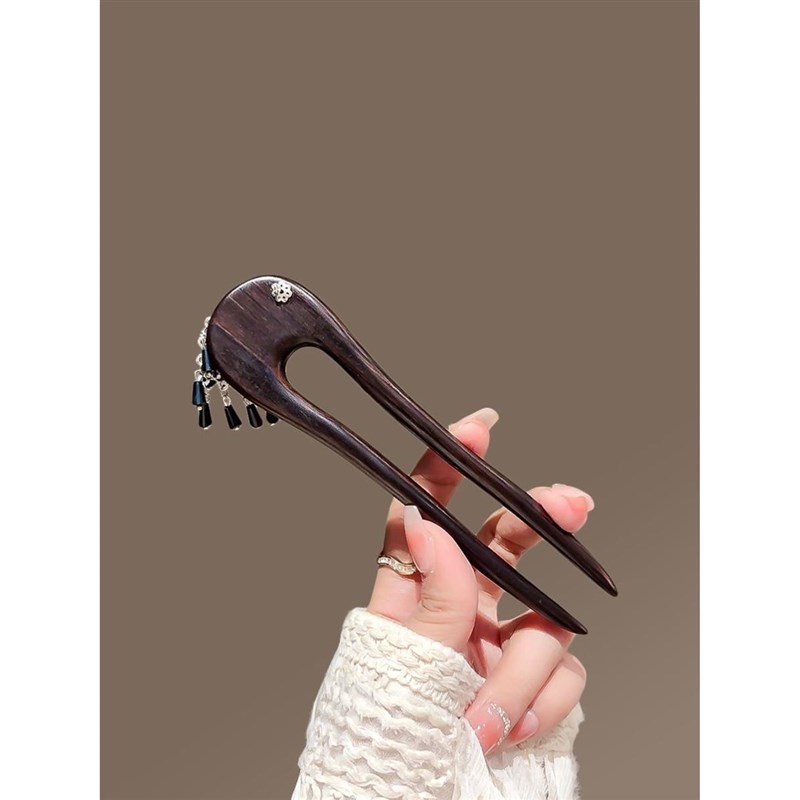 灵翠微风点~新中式花朵流苏双插发簪女古风高级感檀木簪子U型发钗