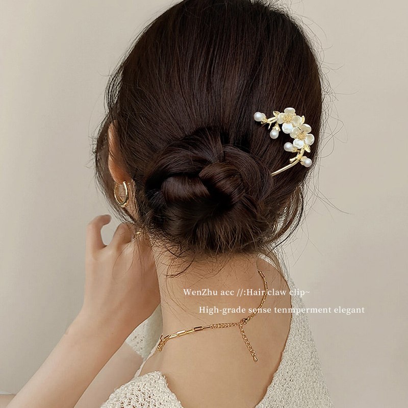 高级感珍珠U型发簪女2024新款后脑勺新中式盘发簪子头饰古风发钗