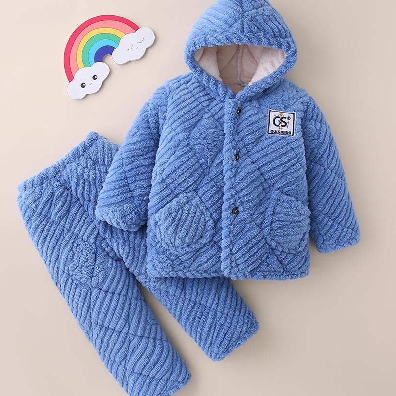 秋冬季儿童三层夹棉法兰绒睡衣男童女童加厚珊瑚绒小孩家居服套装