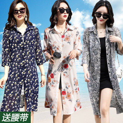 沙滩防晒衣女中长款海边度假雪纺衬衫开衫外套夏天披风薄款长外搭