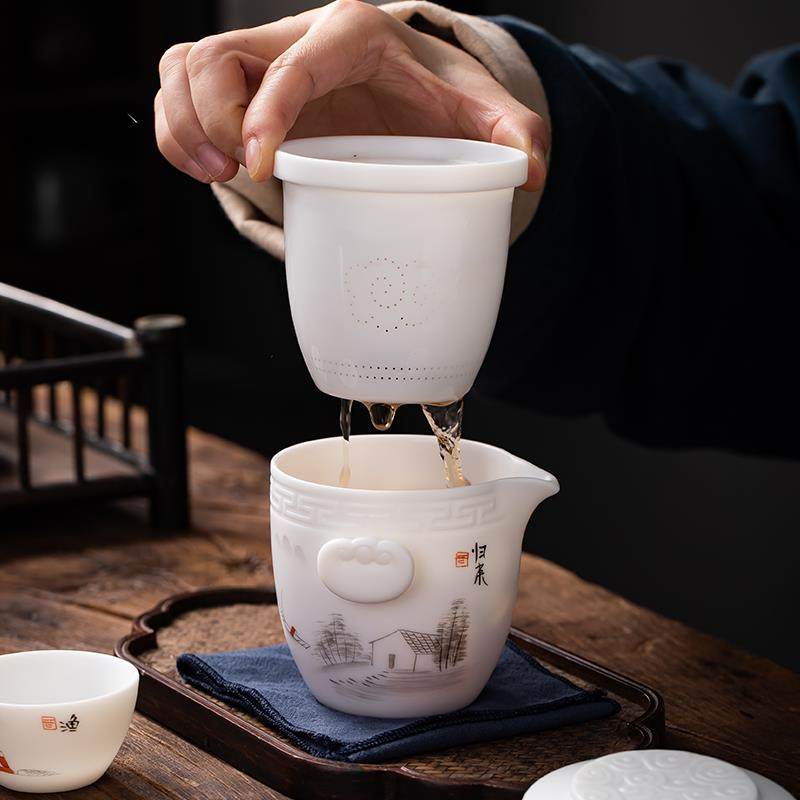 匠便携式仙旅行茶具套21-779高装壶四杯手绘端户外羊脂玉瓷快一客