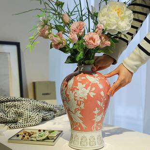 青花瓷花瓶高级感家居EZT水陶摆瓷件梅瓶新中式插培花盆器