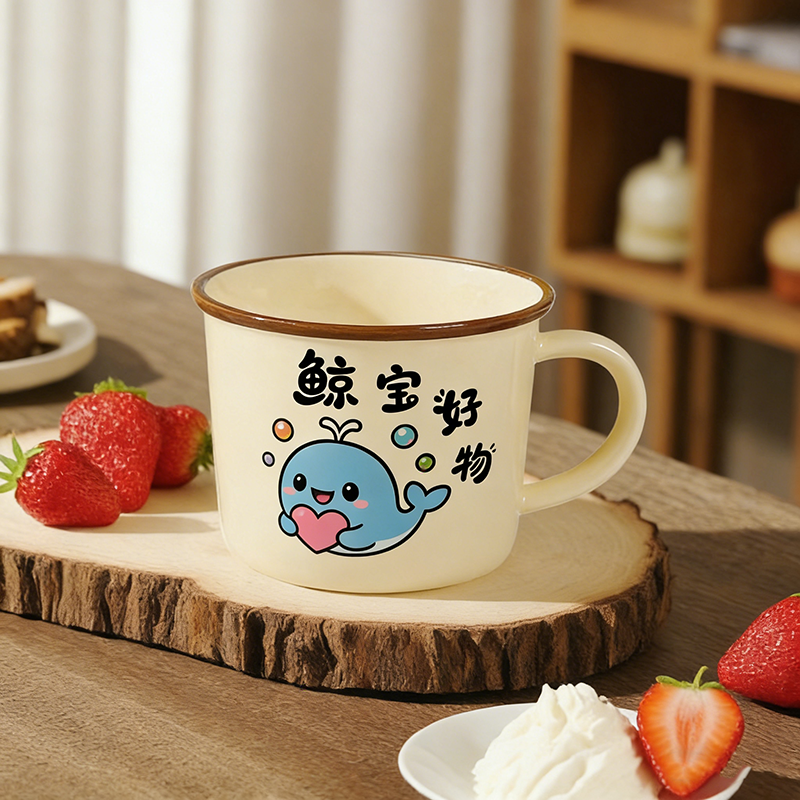 【鲸宝】F新款米黄陶瓷水杯创意家用卡通喝水咖啡牛奶杯19
