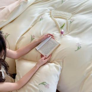 小清新夏季 凉感天丝棉四件套少女心郁金香刺绣被套1.8m床上用品