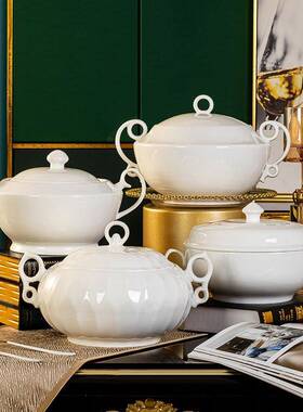 锅家用双耳大碗个碗性纯白色号LPJ陶瓷汤带盖汤大盆汤宫廷煲陶瓷