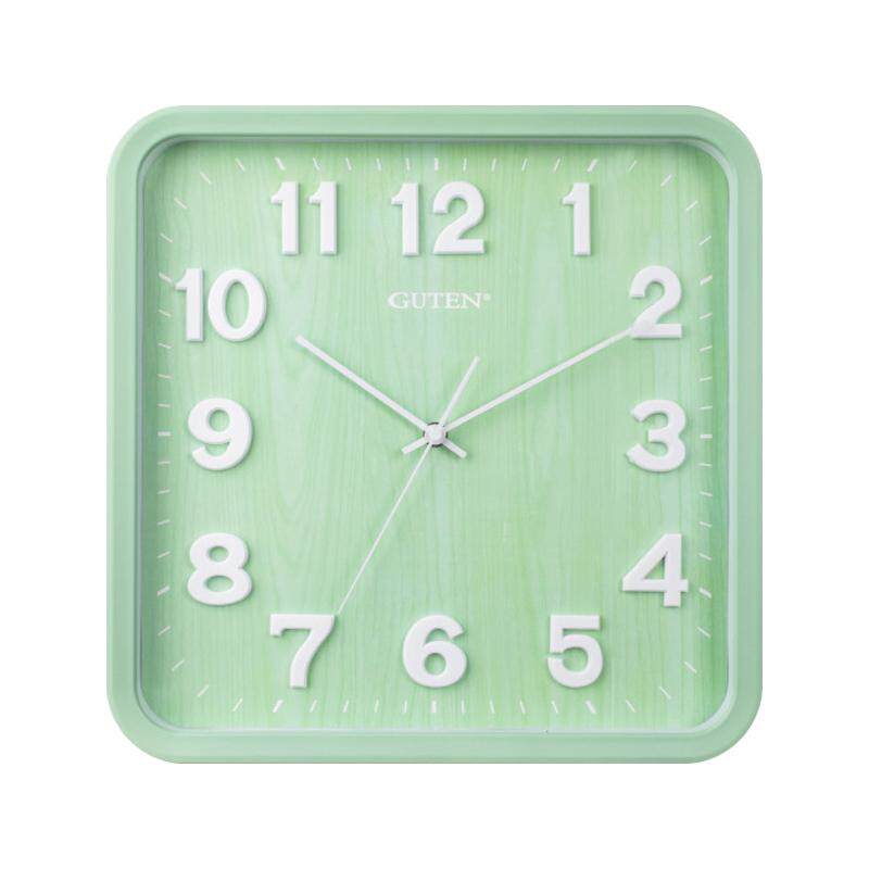 正方形静音绿色挂钟简约时尚卧室时钟家用现代石英钟客厅创意挂表