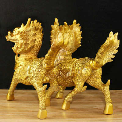 黄铜火麒麟摆件一对八卦公母客厅小装饰品子送开业礼品店铺办公室