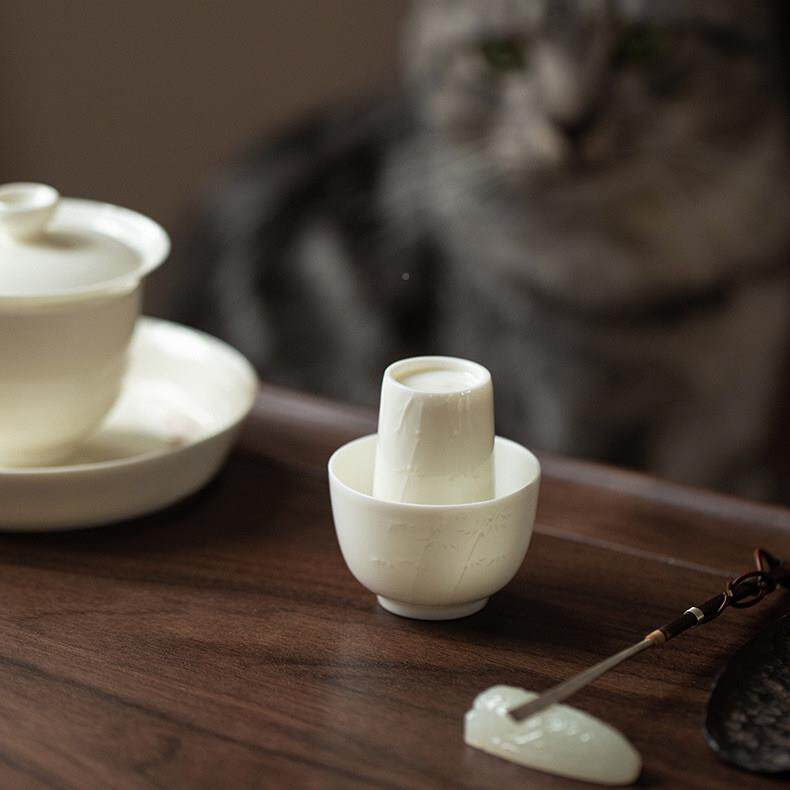 夏禾茶具白玉装瓷泥浮雕闻L香杯杯套茶艺培训品茗家用聚套香茶杯