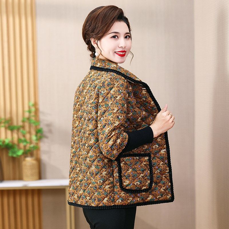 妈妈冬装加绒格子棉马甲中袖棉服中老年女装五分袖保暖棉衣棉马夹