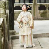 中国风公主古装 儿童女汉服春秋香叶2023新款 明制云肩古风超仙童装