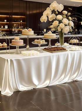 会议沙龙酒店宴会长方形甜品纯白色感轻奢风现代桌布可定jω