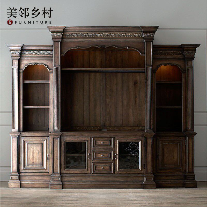 美式复古做旧橡木实木组合酒柜客厅背景墙电视柜组合书柜定制别墅