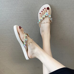 网红平底手工缝制水钻人字拖鞋女夏防滑时尚休闲海边沙滩凉拖外穿