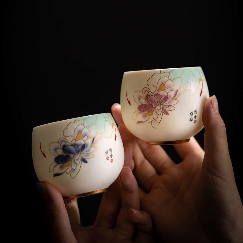 德化白瓷羊脂玉素烧大号主人杯描金女士荷花单茶杯陶瓷茶盏品茗杯