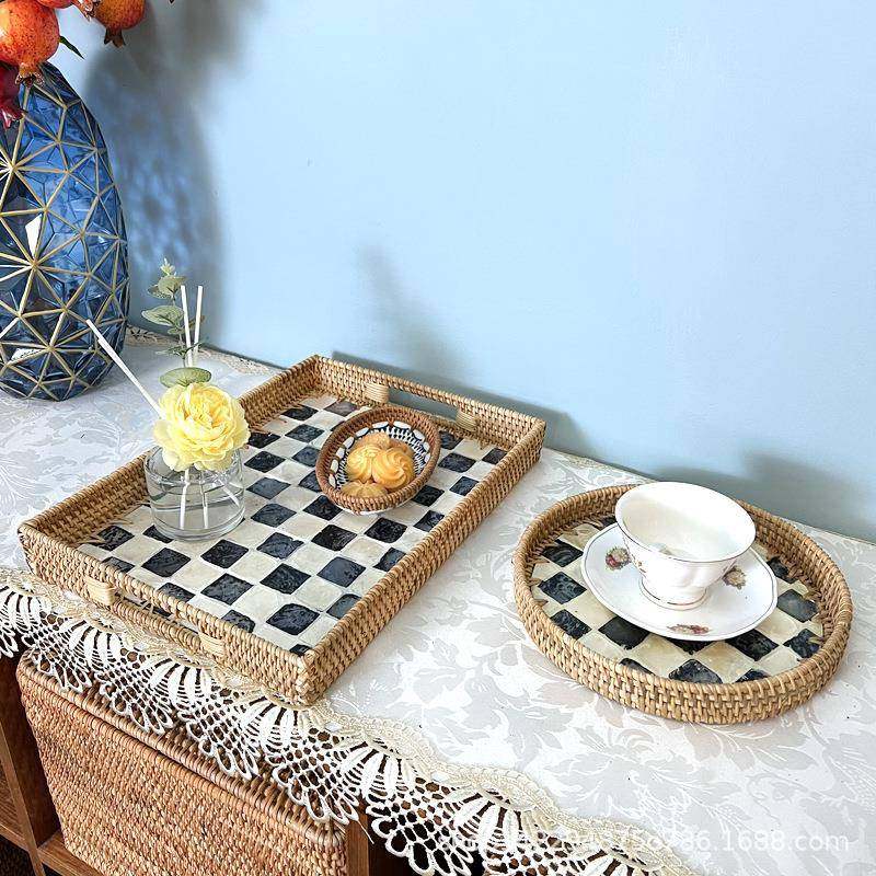 越南藤编贝壳黑白格子托盘长方形茶水托盘客厅茶几圆形装饰盘子,鲜花速递/花卉仿真/绿植园艺,割草机/草坪机,淘宝优惠券,粉丝福利购,淘宝优惠卷