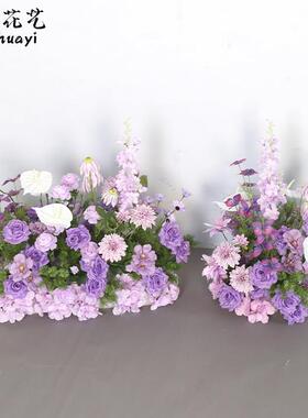 色婚礼装饰紫壁挂花艺KT影墙面摄背景布紫色地排板置仿真绢花挂花