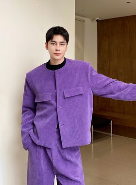 秋冬高级感炸街紫色短款外套套装男设计感韩版阔腿长裤时髦两件套