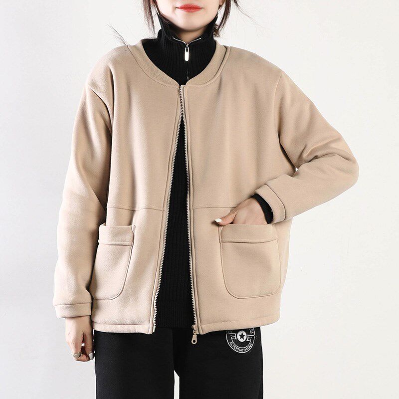 皇森2024秋冬新款加绒卫衣女宽松韩版圆领加厚短外套休闲舒适开衫