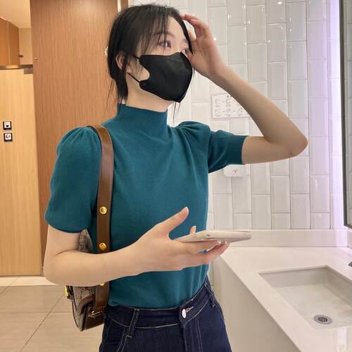 半高领针织衫女短袖2022秋季新款宽松百搭打底衫法式泡泡袖上衣潮