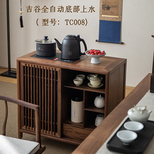 新中式实木茶水柜黑胡桃木可移动茶水台茶桌边柜茶车客厅烧水角柜