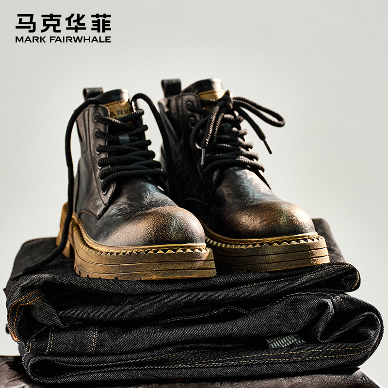 马克华菲马丁靴男黑色皮靴男款鞋子男鞋冬季靴子男士皮鞋切尔西靴