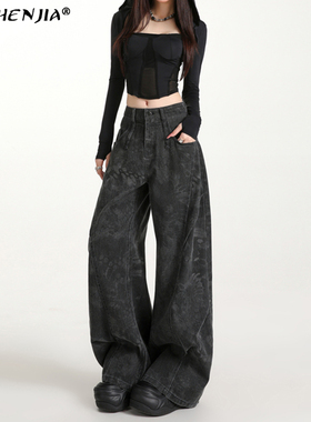 美式黑灰色印花阔腿牛仔裤女秋冬加绒小众设计感工装弯刀拖地裤子