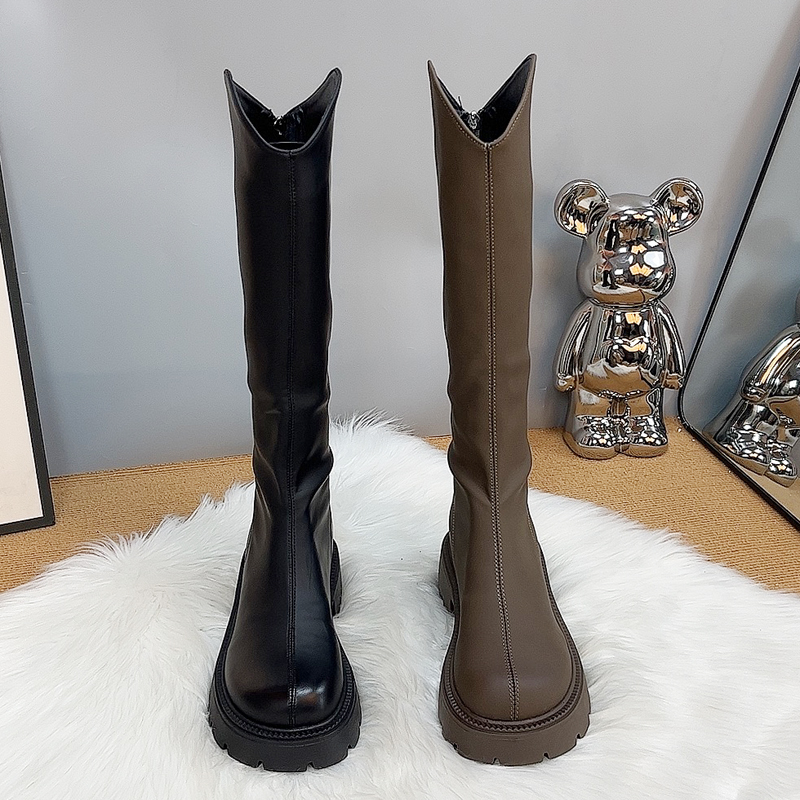 小个子不过膝长靴女2025长筒靴春秋款单靴厚底靴子高筒加绒骑士靴