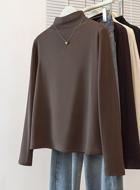 2025冬季新款磨毛紫色长袖T恤大码女装胖mm宽松半高领打底衫上衣