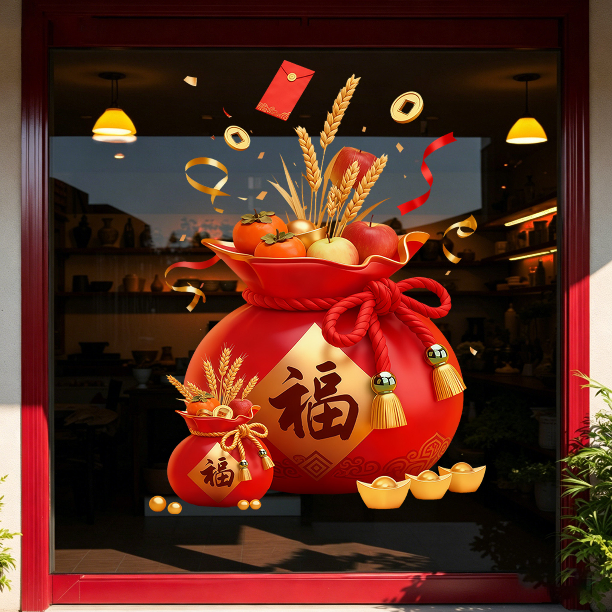 2026新年福袋财神到玻璃贴膜店铺橱窗装饰布置招财进宝门贴静电贴