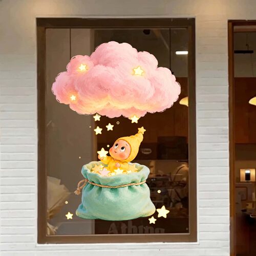可爱星星人玻璃贴纸咖啡店欢迎光临装饰贴画卡通静电玻璃窗花贴画