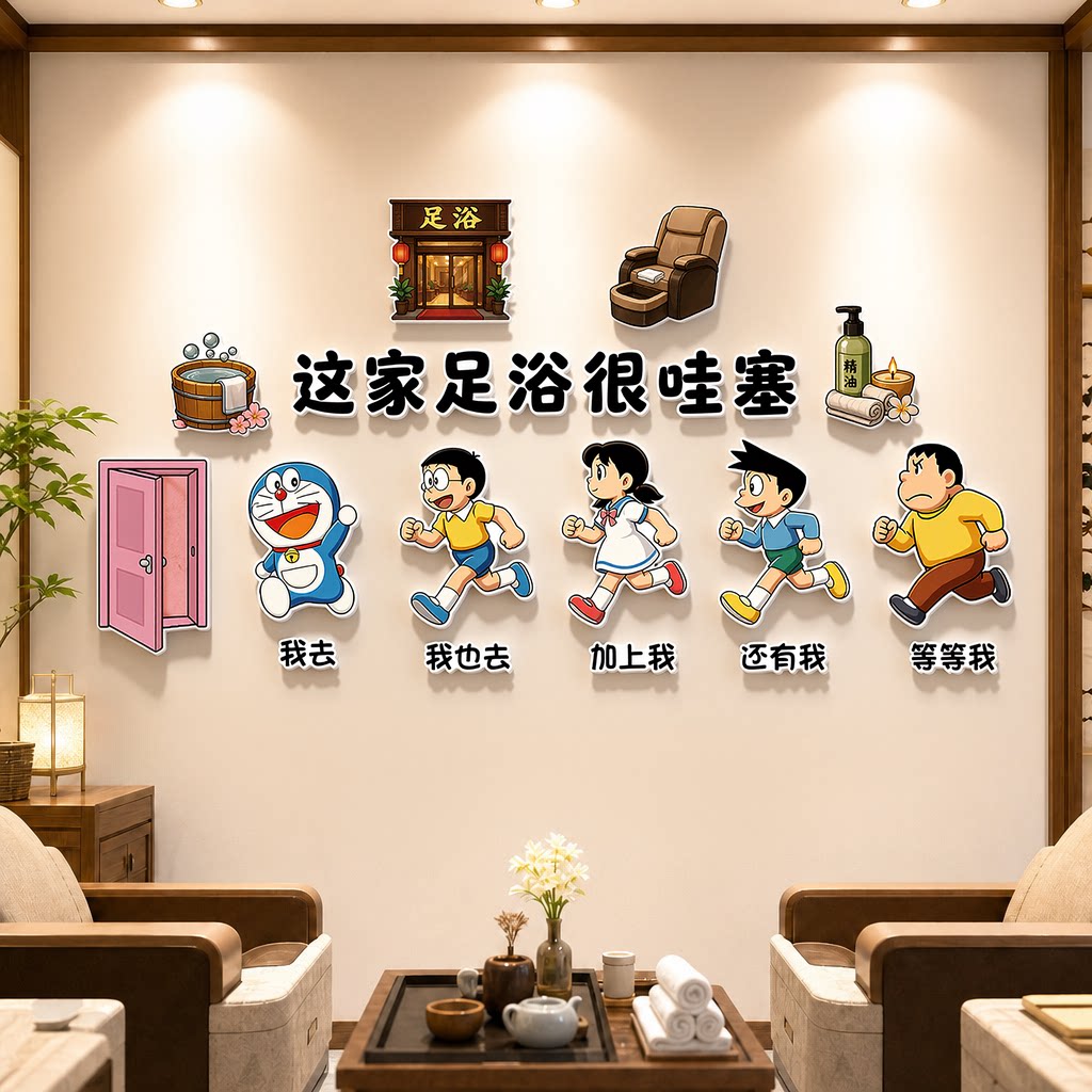 创意足浴店沐足店禅意哆啦A梦墙贴装饰足疗店前台包间布置造景