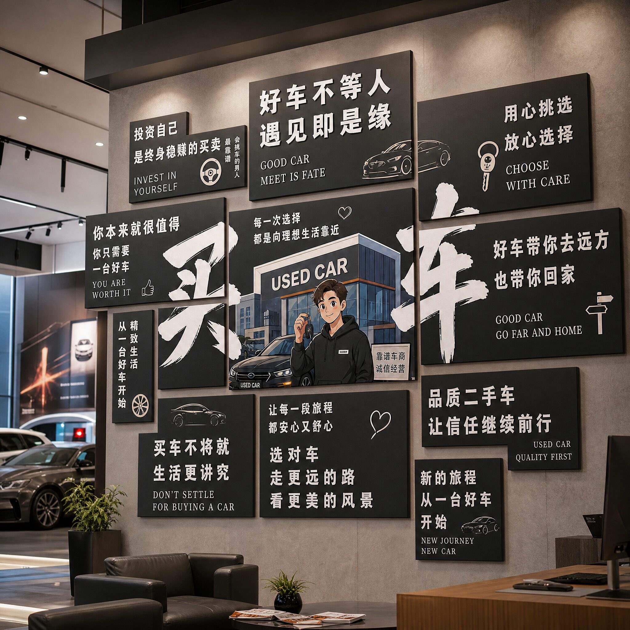 汽车展厅4S店装饰墙贴看车销售氛围背景墙布置试驾车行挂画贴纸