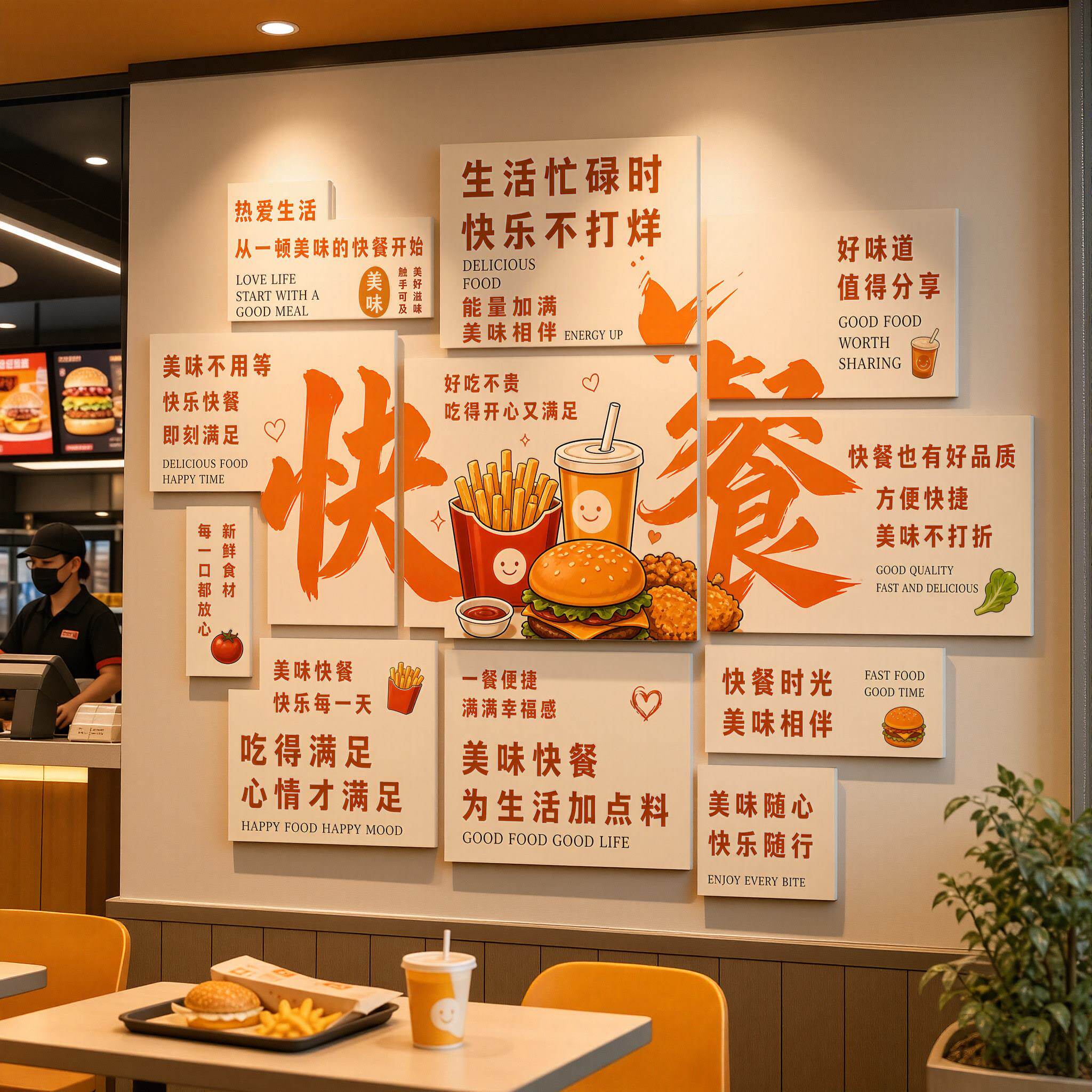 网红快餐店简餐食堂餐饮墙贴标语吧台堂食招牌前台收银区装饰海报