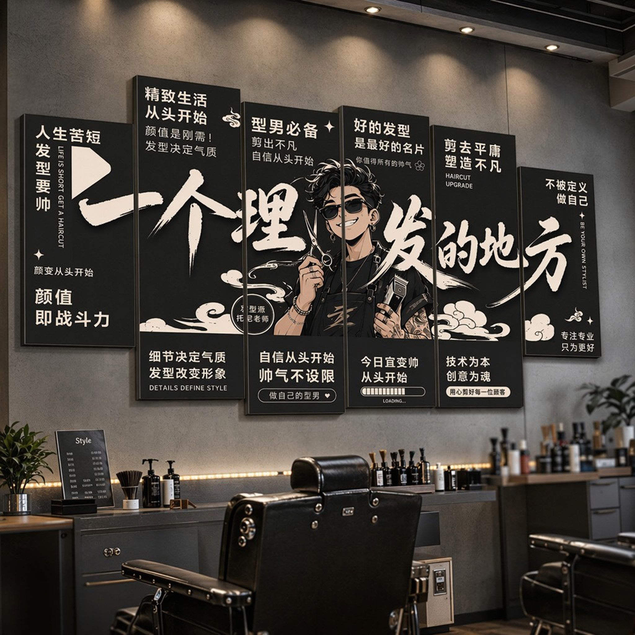 网红美发理发店造型剪发打卡布置创意形象墙贴画墙面装饰画海报