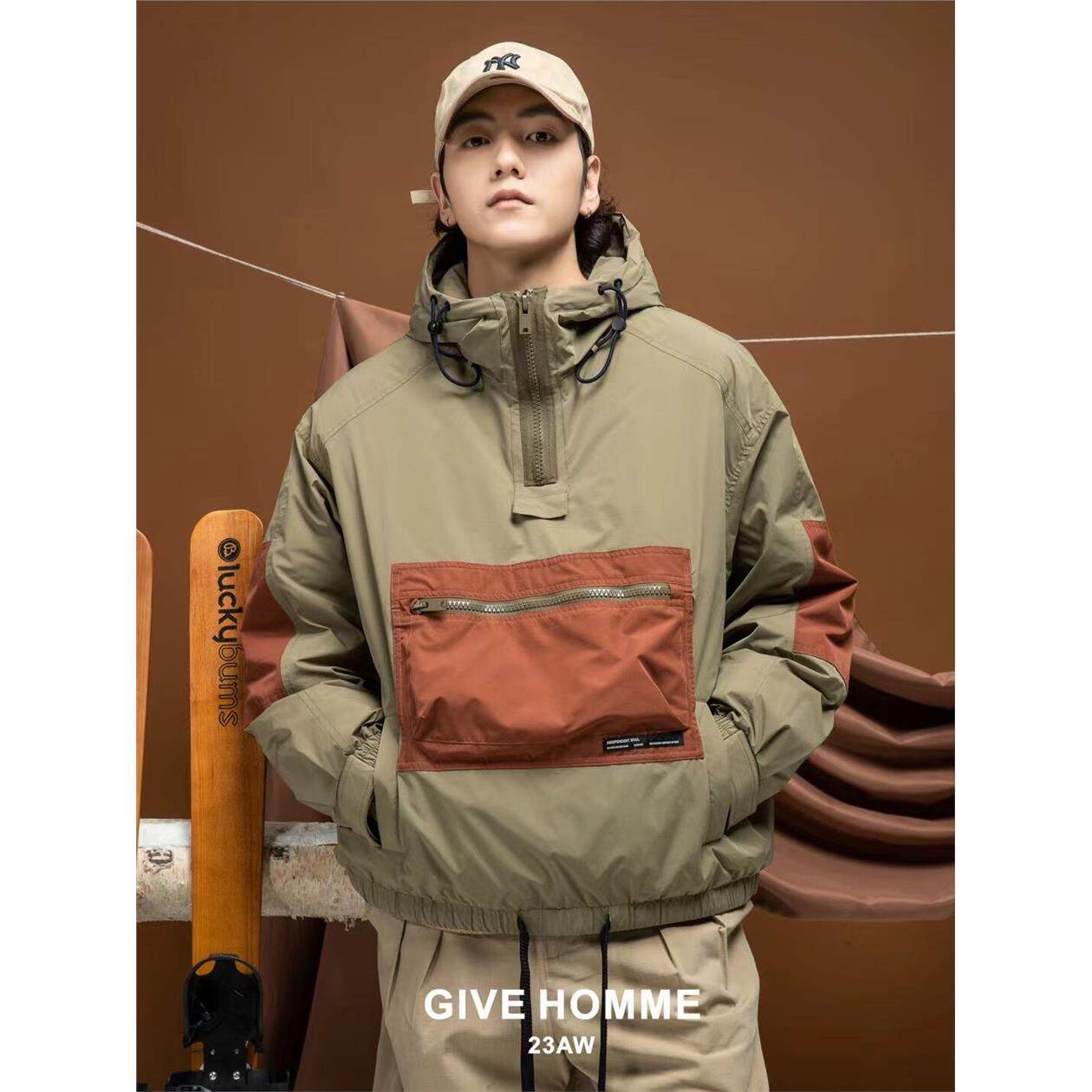 加厚工装大口袋羽绒服男士连帽工机能风夹克男冬季青年痞帅潮外套