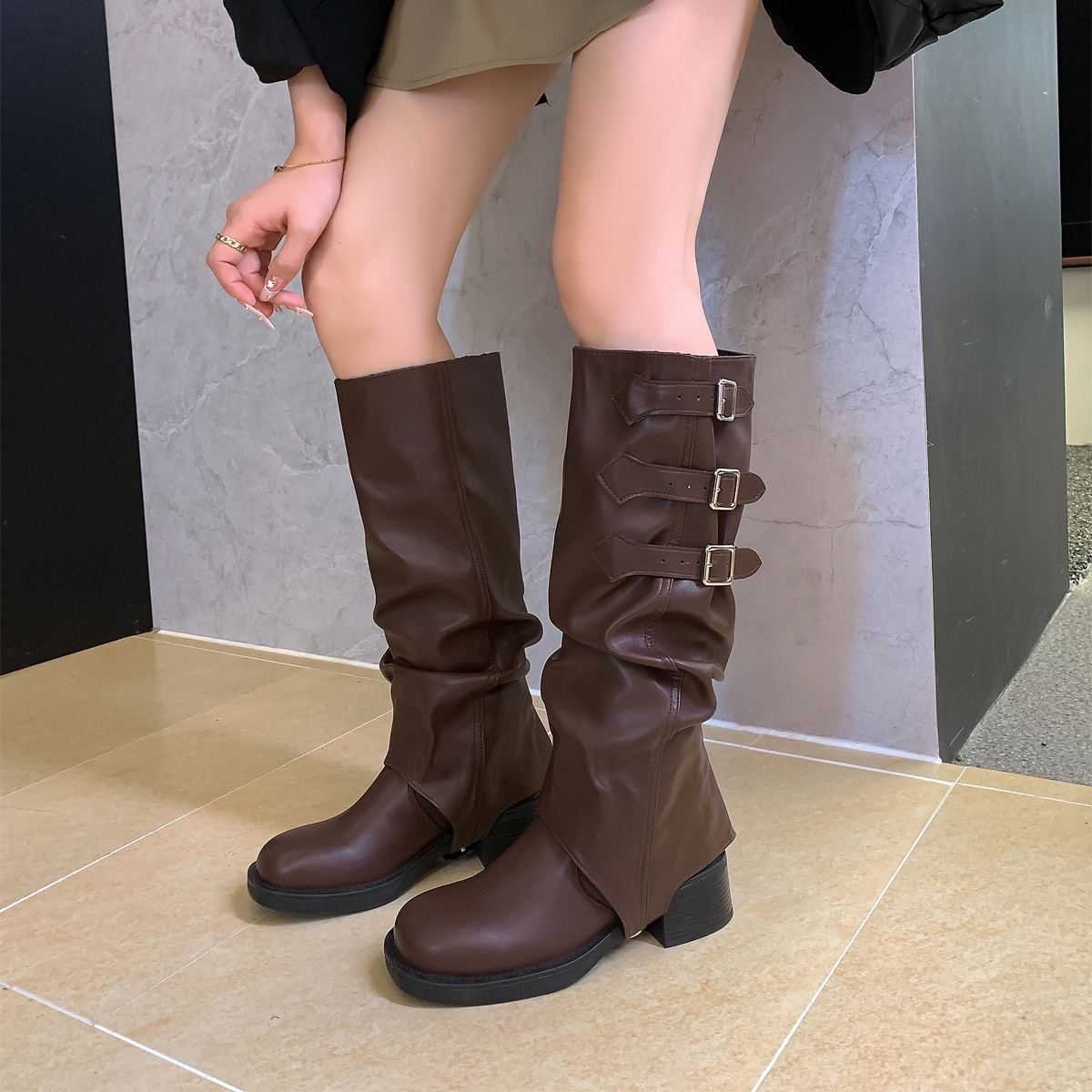 伯爵猫打褶长筒骑士靴女式靴2025春秋季新款尖头裤靴双穿牛仔靴