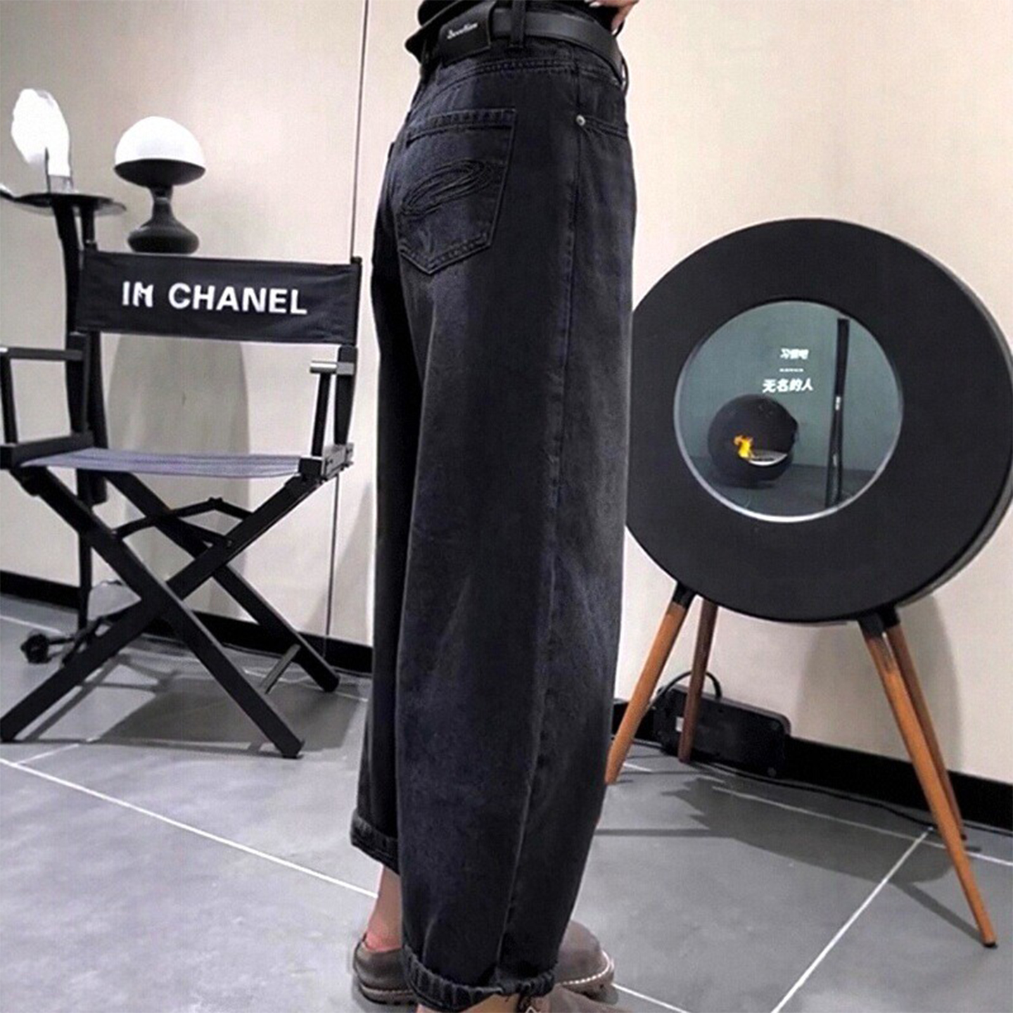 黑色加绒阔腿牛仔裤女大